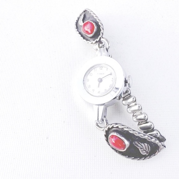 Vintage Timex sterling silver inlaid coral strap women\'s mechanical watch